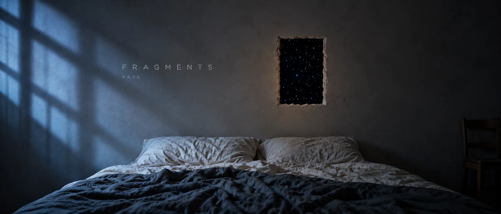 Un lit défait dans une chambre baignée de lumière nocturne — Fragments